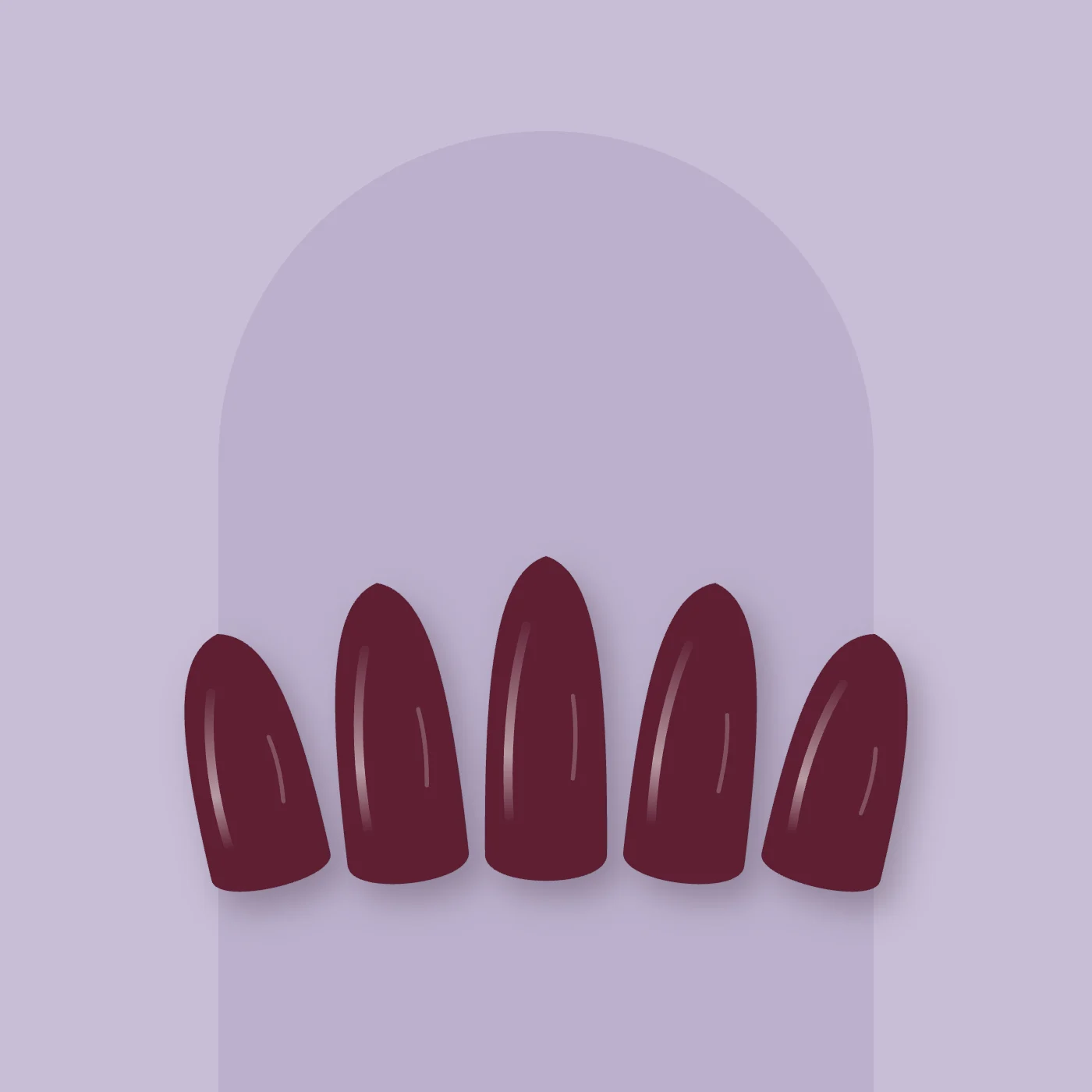 Cinq ongles amande vernis cerise noire sur fond lilas