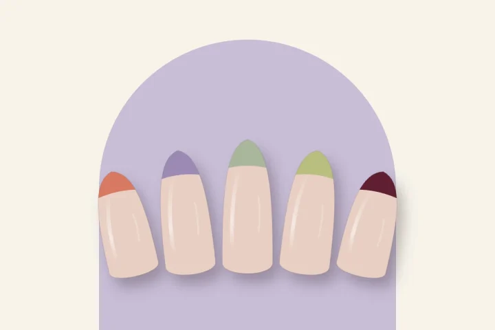 French manucure de couleur : bords corail, lilas, sauge, pistache et cerise sur base nude