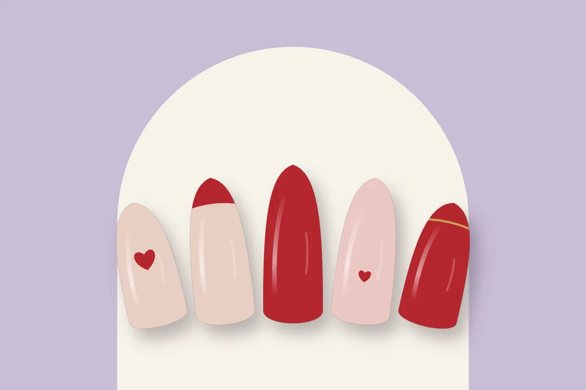 Cinq capsules de Saint-Valentin : nude à cœur rouge, french rouge, rouge uni, rose poudré à petit cœur et rouge à liseré doré, sur fond lilas