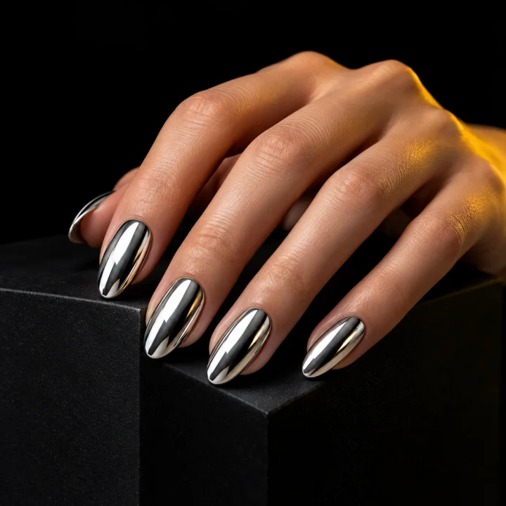 Ongles longs argentés à effet miroir