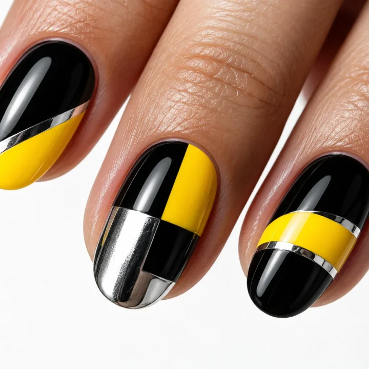 Détails de nail art graphique noir et jaune