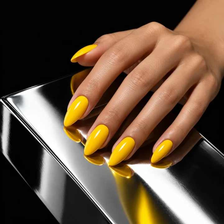 Manucure jaune vif sur ongles longs
