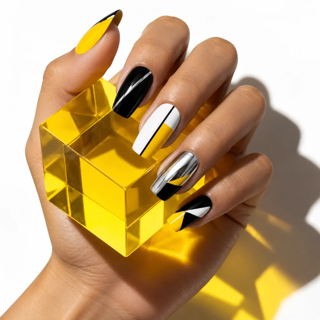 Motifs géométriques noirs, blancs et jaunes sur les ongles