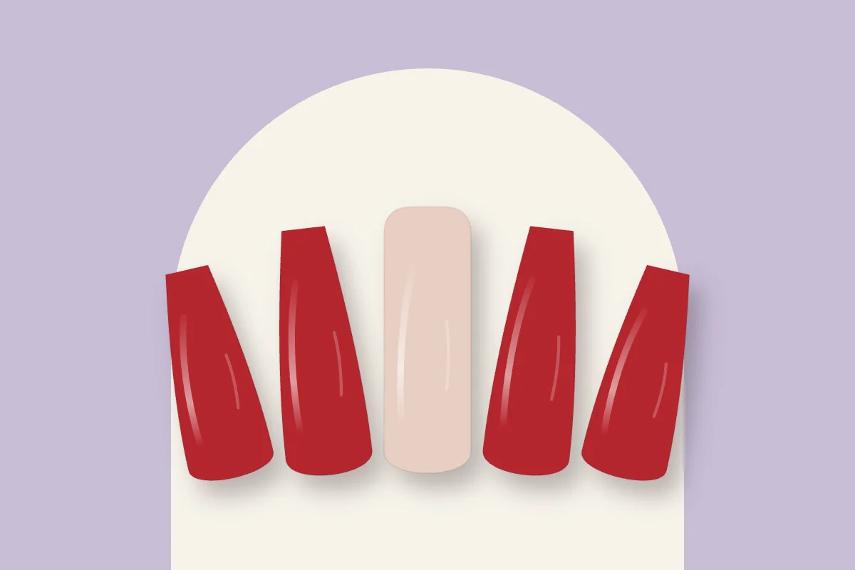 Quatre faux ongles longs rouges et, au centre, un ongle naturel court et nu