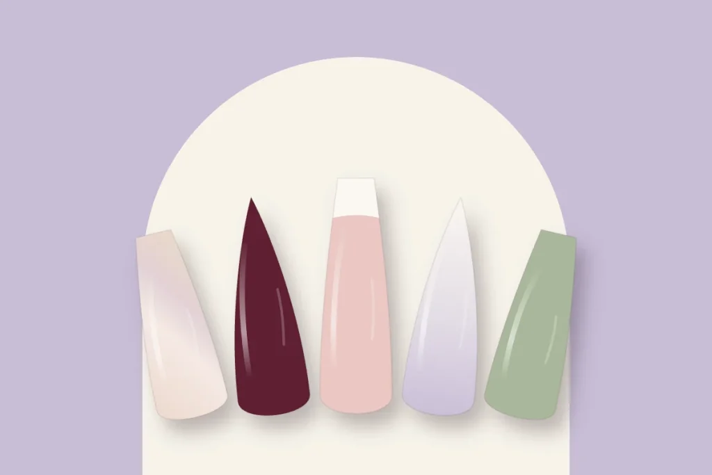 Faux ongles longs en forme ballerine et stiletto : nude nacré, cerise, french, lilas et sauge, sur fond lilas