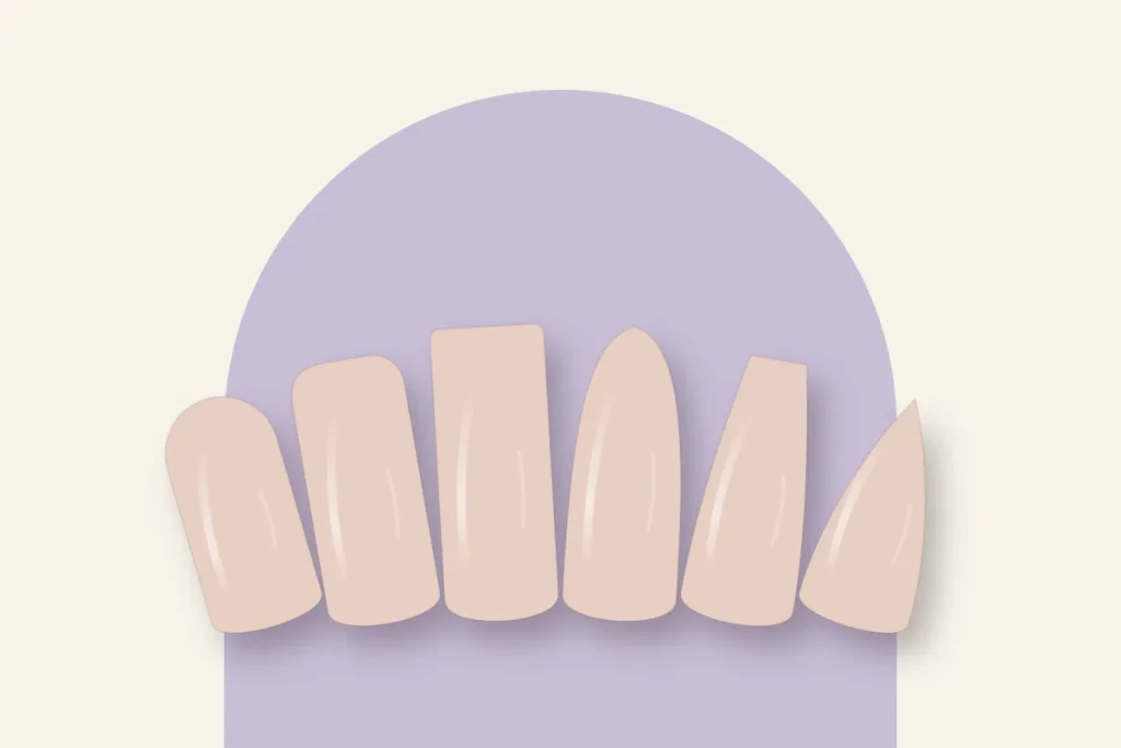Six formes d’ongles côte à côte : ronde, squoval, carrée, amande, ballerine et stiletto