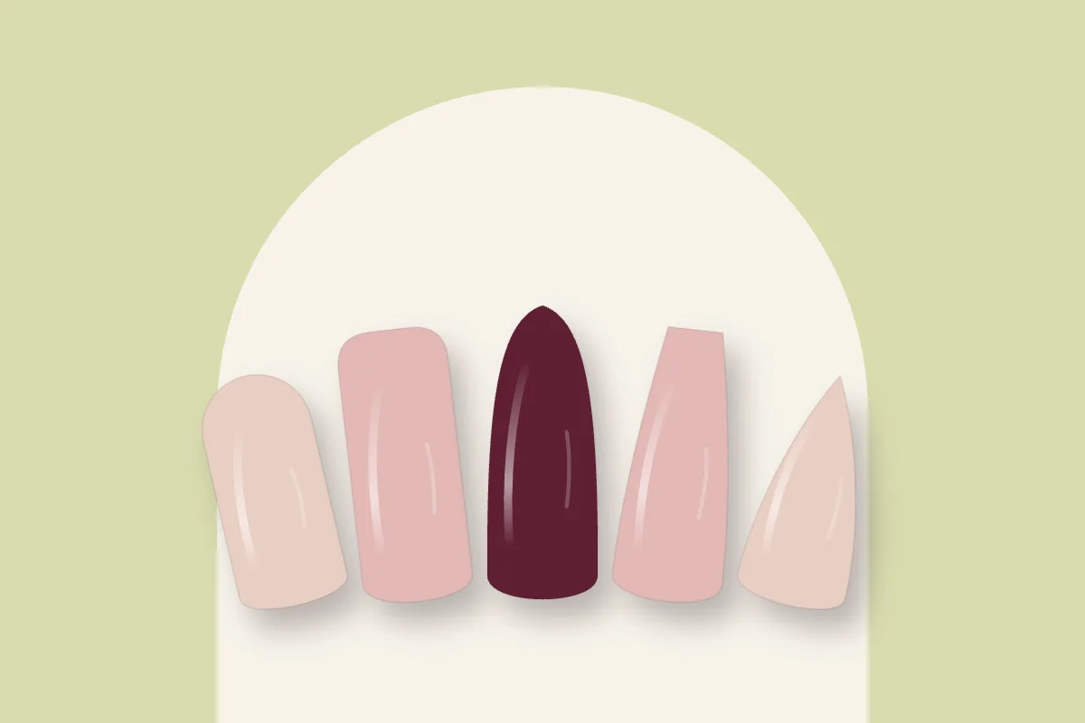 Cinq formes d’ongles : ronde, squoval, amande, ballerine et stiletto, sur fond pistache