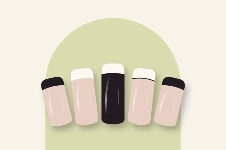 French manucure noire et blanche : bords noirs, bords blancs, base noire et filet graphique