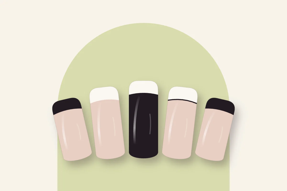 French manucure noire et blanche : bords noirs, bords blancs, base noire et filet graphique