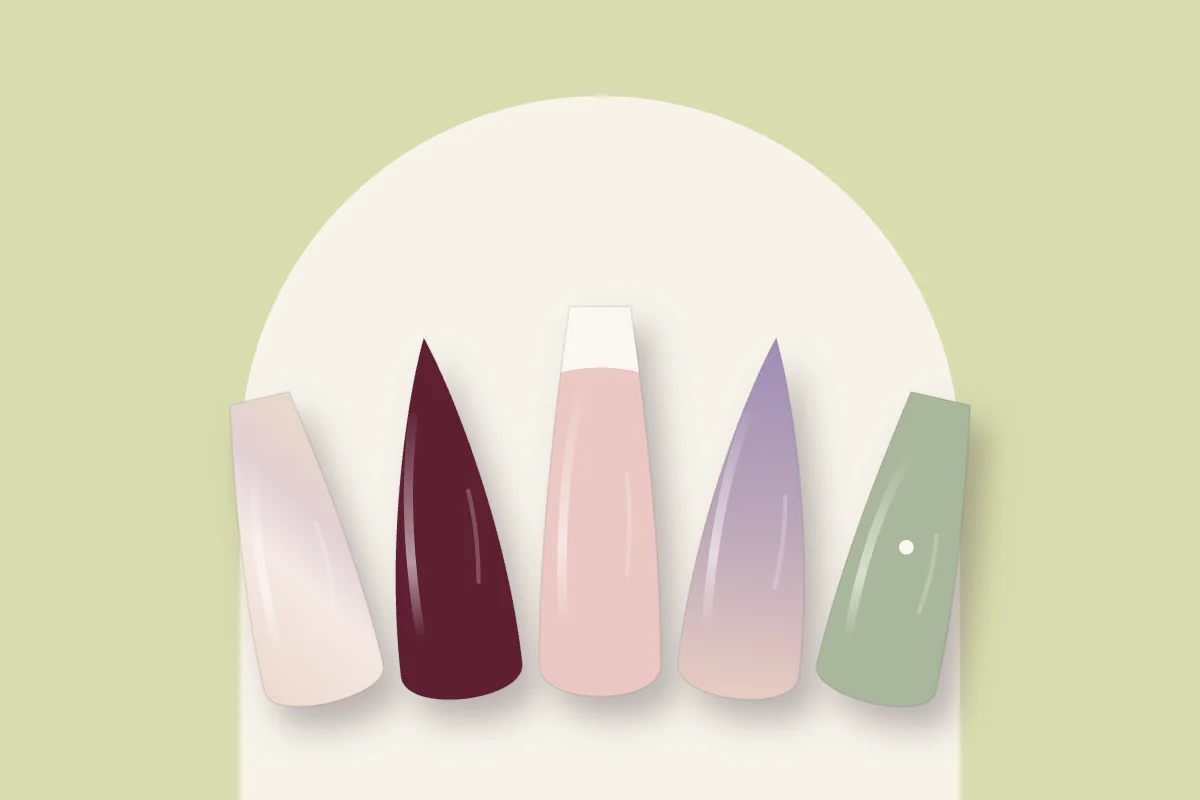 Idées de faux ongles : ballerine nacrée, stiletto cerise, french longue, dégradé lilas et sauge