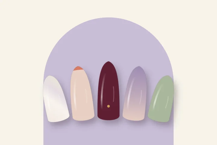 Idées d’ongles en gel : glazed, micro-french corail, cerise à point doré, dégradé lilas et sauge