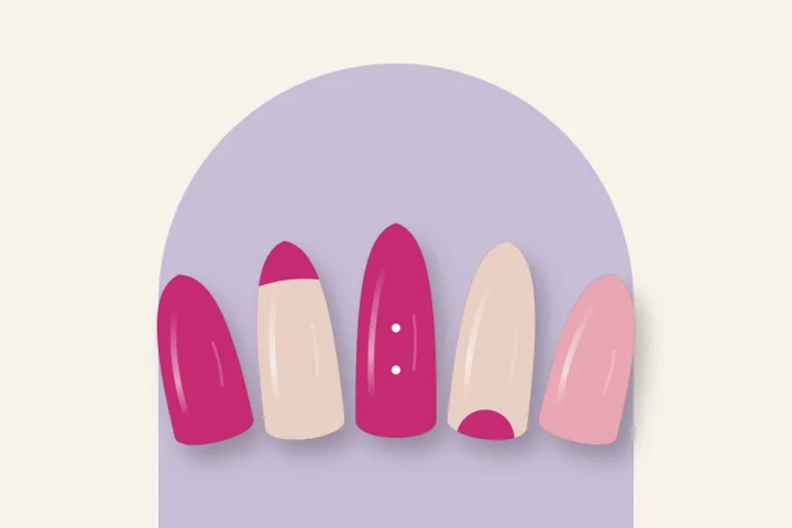 Manucure rose fuchsia : fuchsia plein, french fuchsia, pois blancs, demi-lune et rose doux