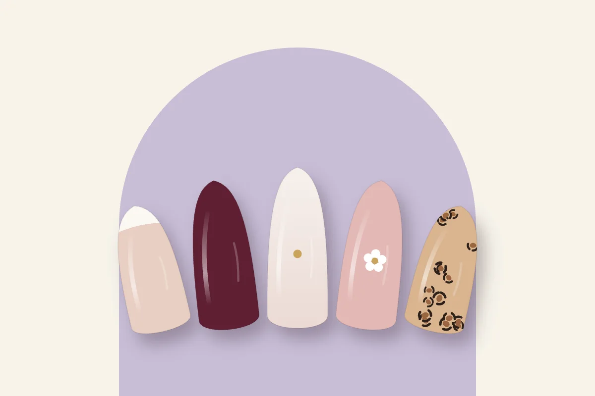 Cinq modèles d’ongles : french blanche, cerise noire, blanc laiteux à point doré, rose poudré à fleur et léopard