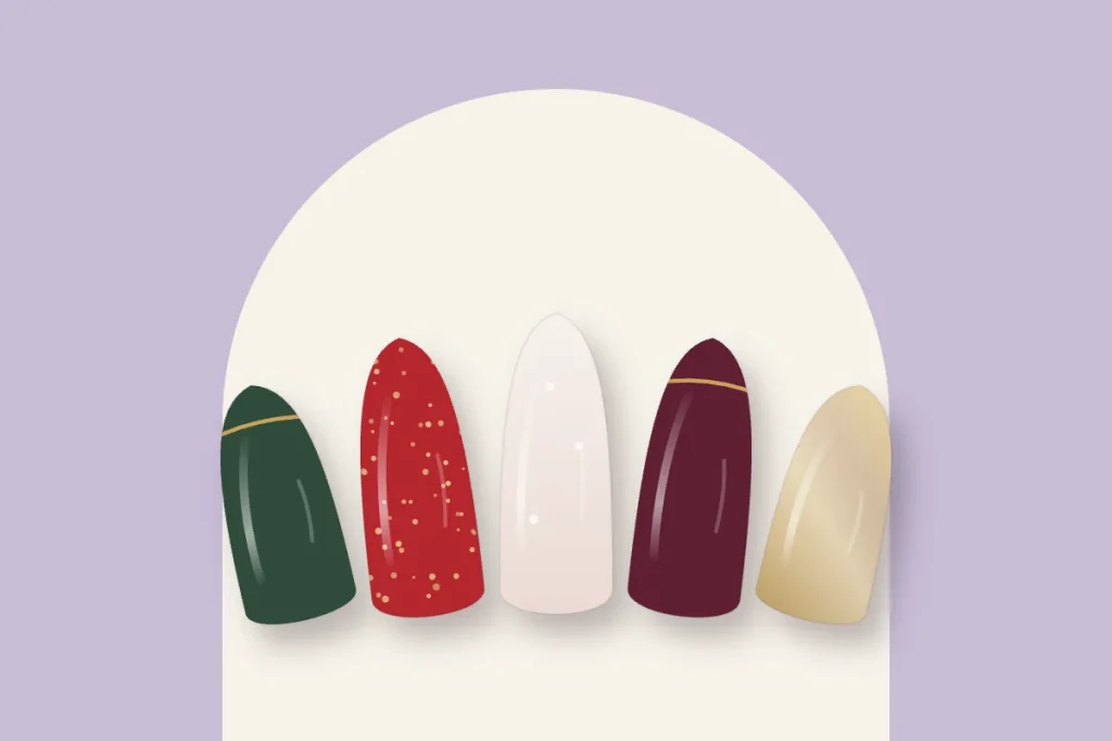 Cinq modèles de fêtes : vert sapin liseré d’or, rouge pailleté, flocons sur blanc laiteux, cerise et or, or miroir