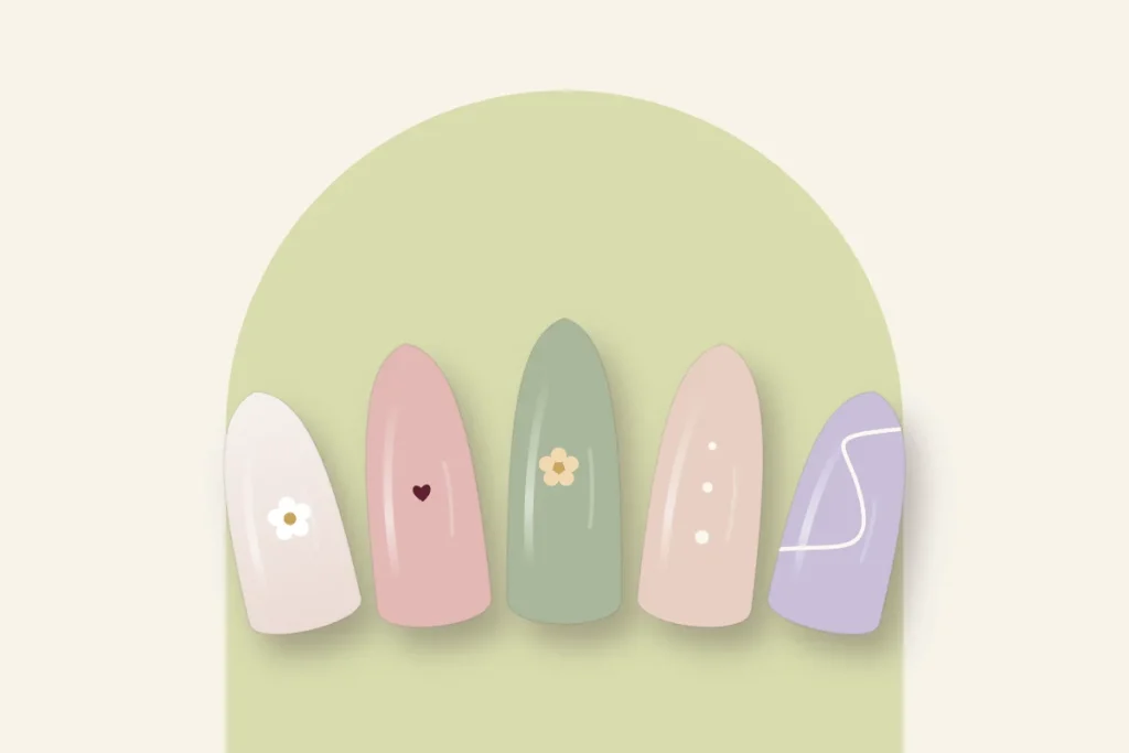 Cinq motifs doux : fleur blanche, cœur cerise, fleur sur sauge, points blancs et volute