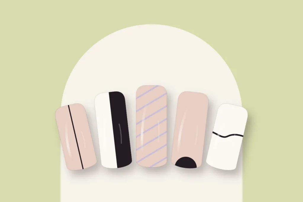 Cinq nail arts graphiques : ligne verticale, demi-ongle noir et blanc, rayures lilas, demi-lune noire et vague