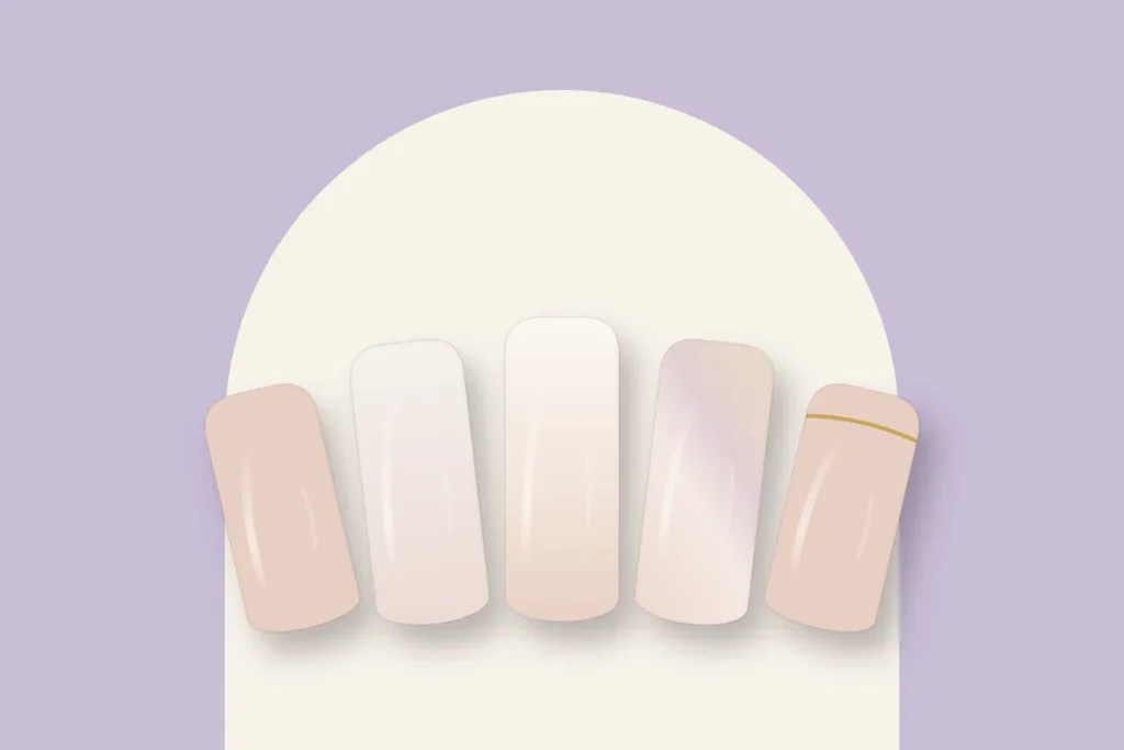 Cinq modèles nude : nude rosé, blanc laiteux, baby boomer, nude nacré et liseré doré