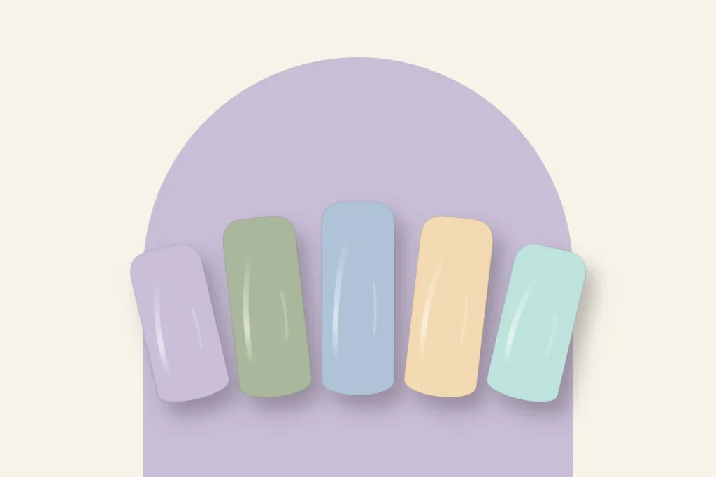 Cinq pastels : lilas, sauge, bleu ciel, abricot et vert d’eau