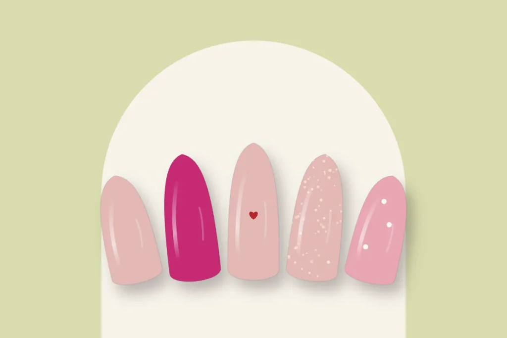 Cinq modèles roses : rose poudré, fuchsia, petit cœur, paillettes champagne et pois blancs