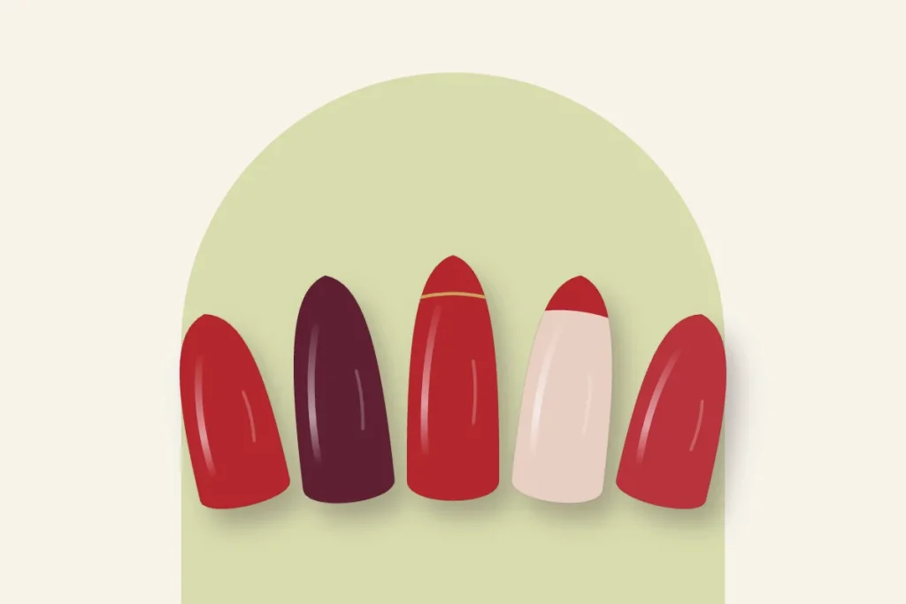 Cinq modèles rouges : rouge franc, cerise noire, rouge liseré d’or, french rouge et rouge mat