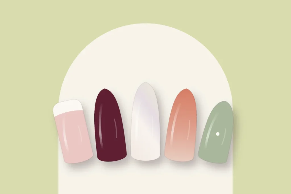Cinq modèles d’ongles en gel : french, cerise noire, effet glazed, dégradé corail et sauge