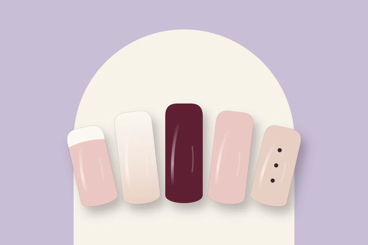 Cinq types de manucure : french classique, babyboomer, couleur pleine, nude transparent et nail art à pois