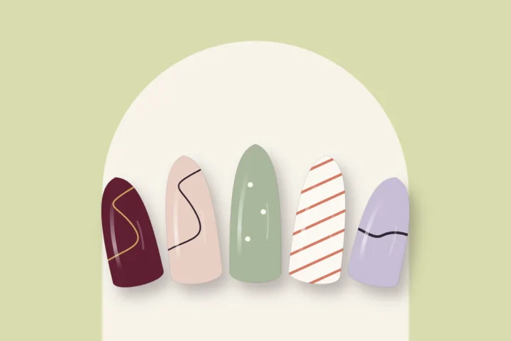 Motifs sur ongles en gel : arabesque dorée sur cerise, trait prune, pois, rayures corail et vague