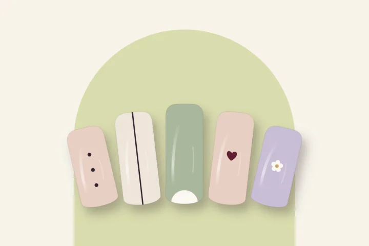 Motifs faciles sur ongles : trois points, trait vertical, demi-lune, petit cœur et fleur à pois