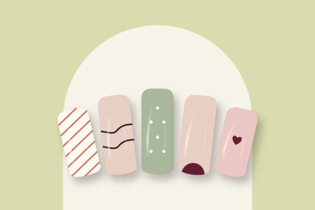 Motifs d’ongles : rayures corail, vagues prune, pois blancs, demi-lune cerise et petit cœur, sur fond pistache