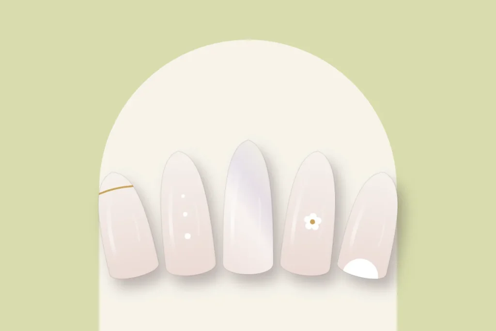 Cinq idées blanc laiteux : liseré doré, points blancs, effet nacré, fleur blanche et demi-lune