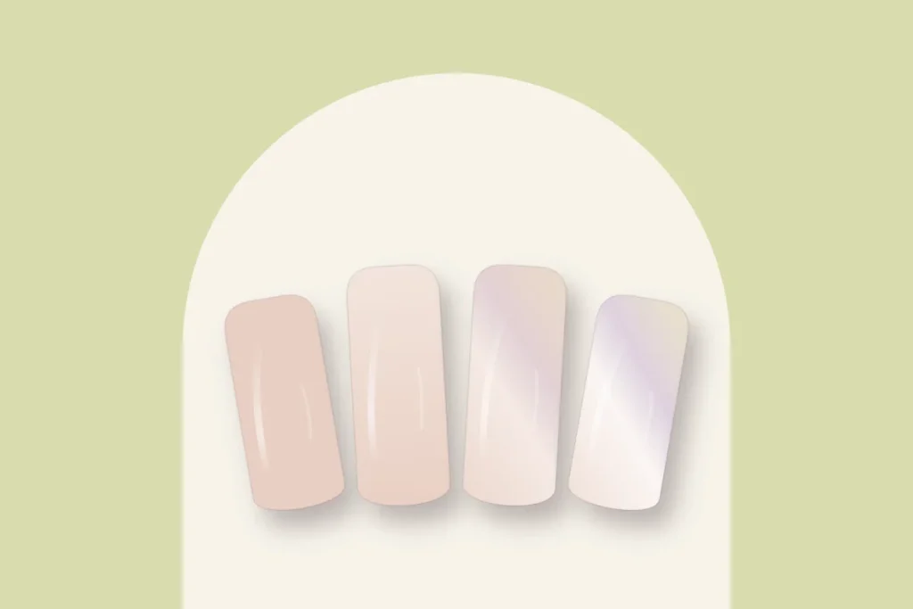 Les quatre étapes de l’effet chrome sur base nude : couleur, top coat, poudre frottée, finition