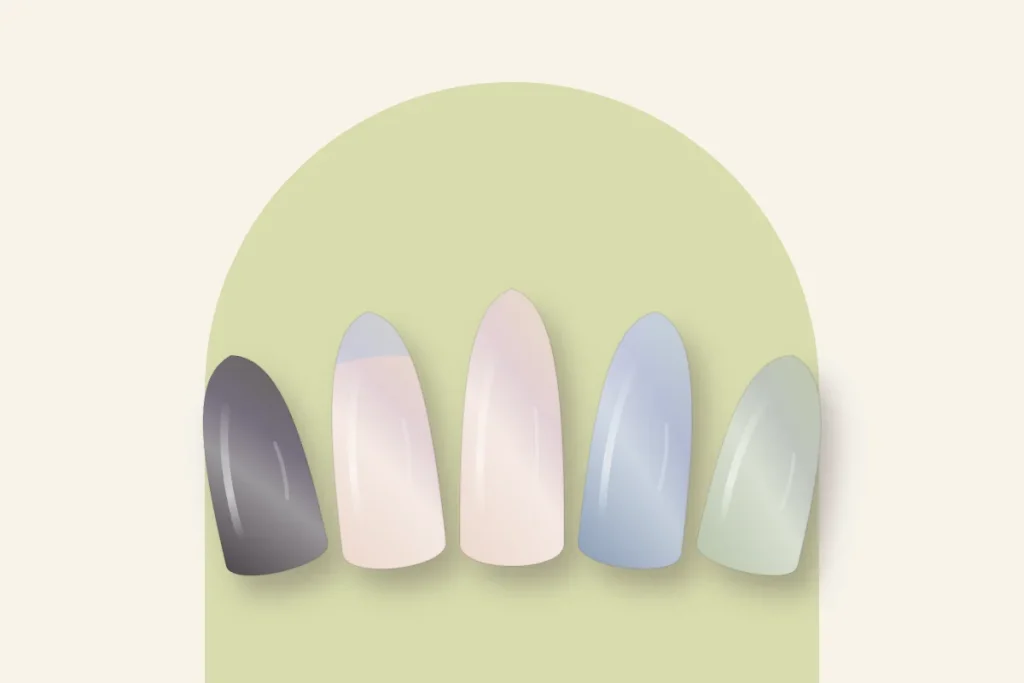 Idées chrome : aurore sur noir, french chrome argent, nude nacré, chrome bleu glacier et sauge irisé