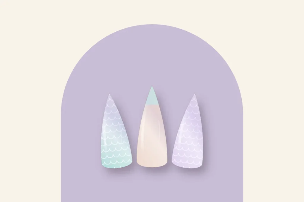 Trois ongles stiletto : écailles sur dégradé, french sirène turquoise et écailles sur lilas
