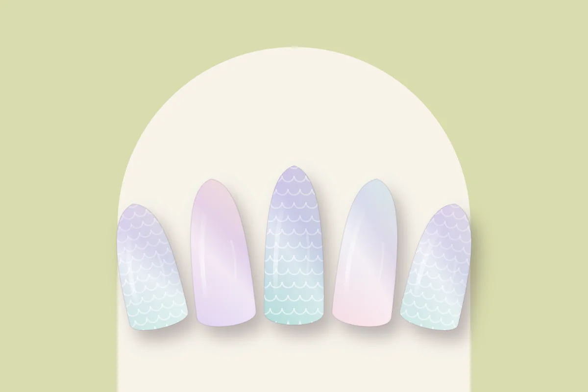 Cinq capsules effet sirène : dégradés turquoise, lilas et rose irisés, certaines avec motif d’écailles, sur fond pistache