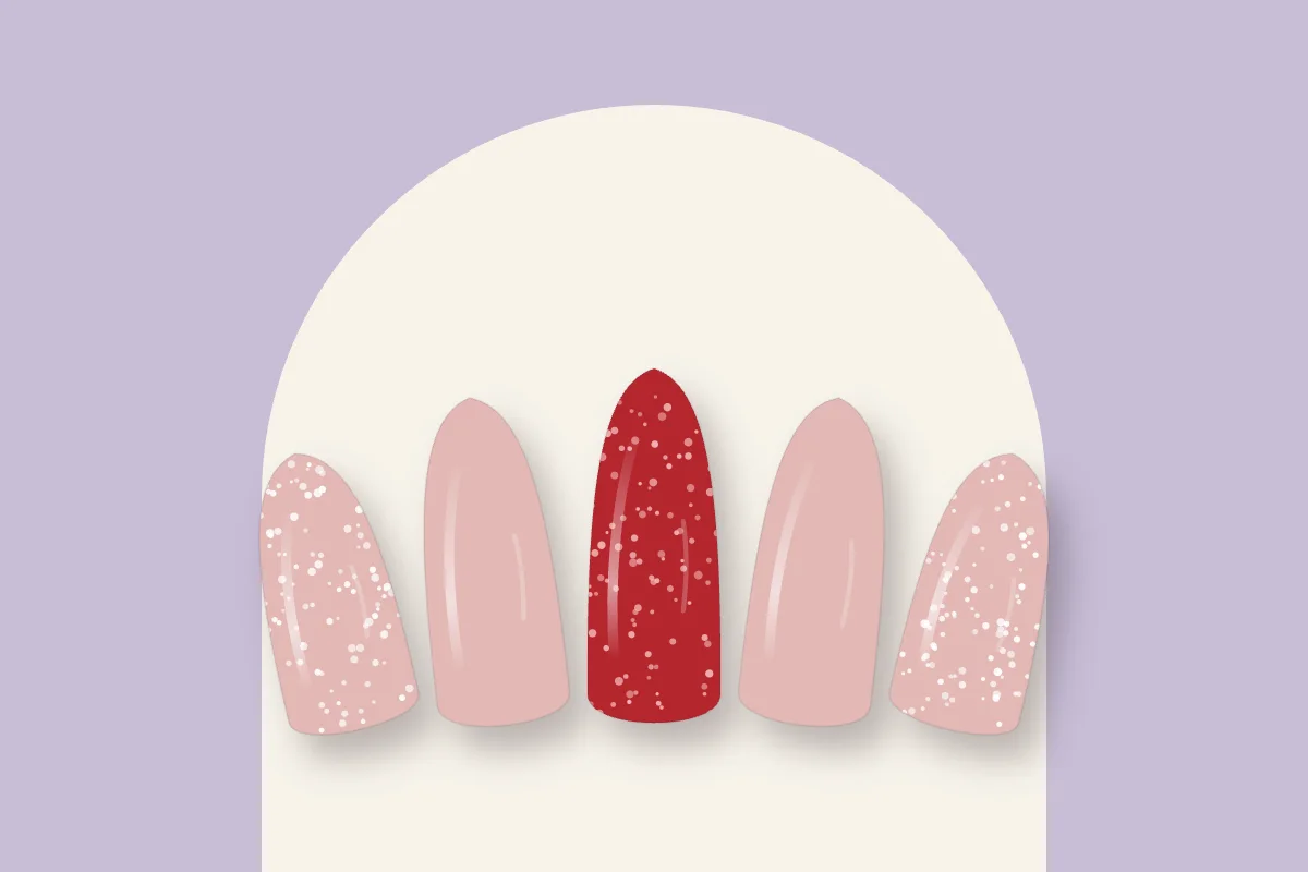 Cinq capsules : rose poudré effet sucre, rose uni et rouge sucré, sur fond lilas