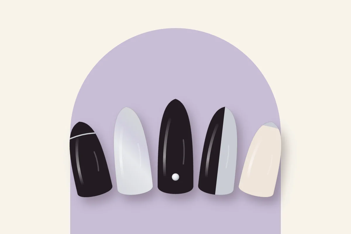 Cinq capsules noir et argent : liseré argenté, chrome, strass, demi-ongle et micro-french, sur fond crème et arche lilas