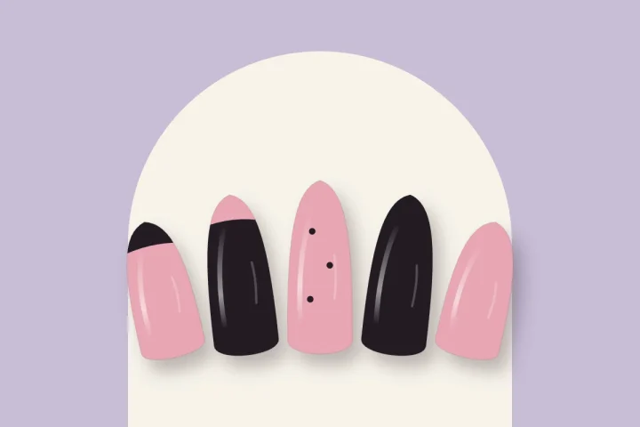 Ongles en gel rose et noir : french inversée, pois noirs, noir profond et rose
