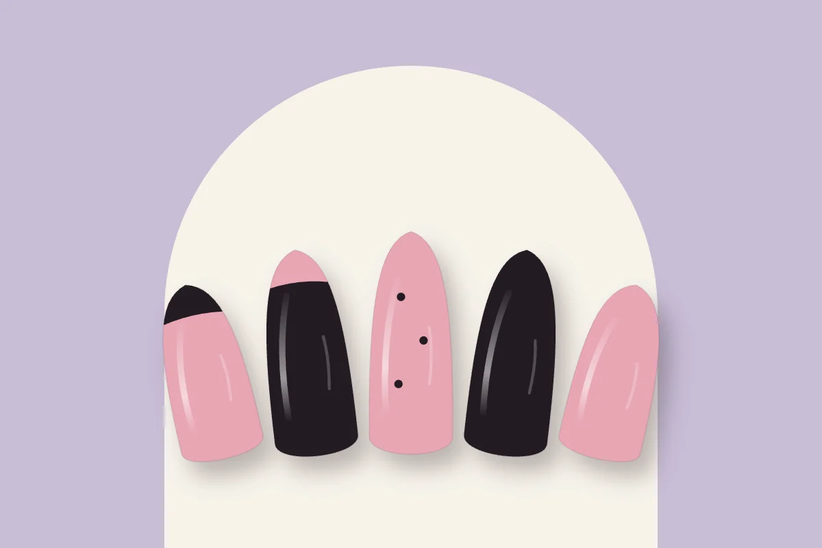 Ongles en gel rose et noir : french inversée, pois noirs, noir profond et rose