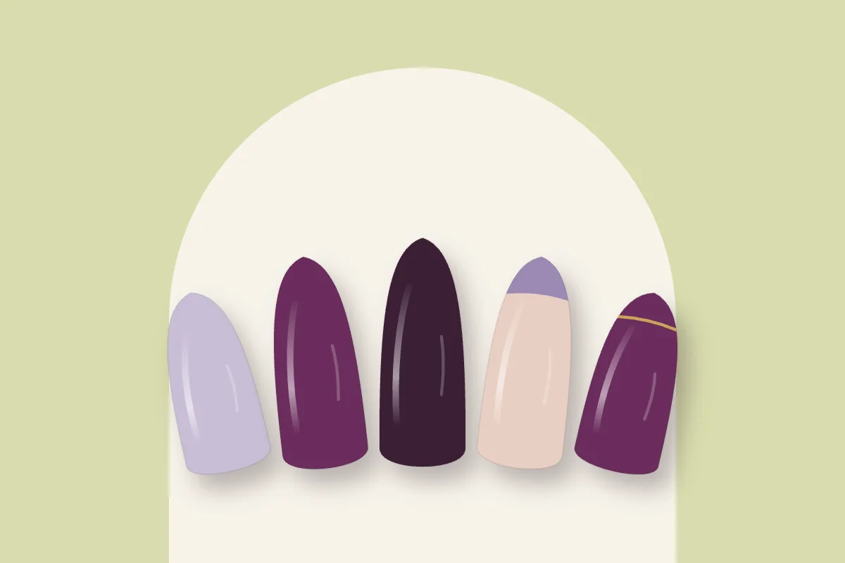 Cinq capsules violettes : lilas, prune, aubergine, french lilas et prune à liseré doré, sur fond pistache