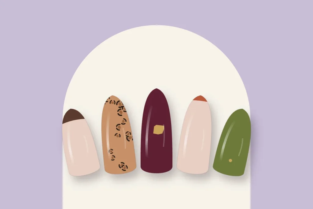 Nail arts d’automne : french chocolat, léopard, feuille d’or, micro-french terracotta et kaki à point doré