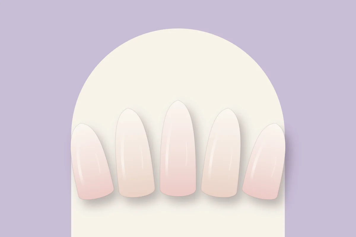 Cinq capsules baby boomer : dégradé du rose nude au blanc laiteux, sur fond lilas