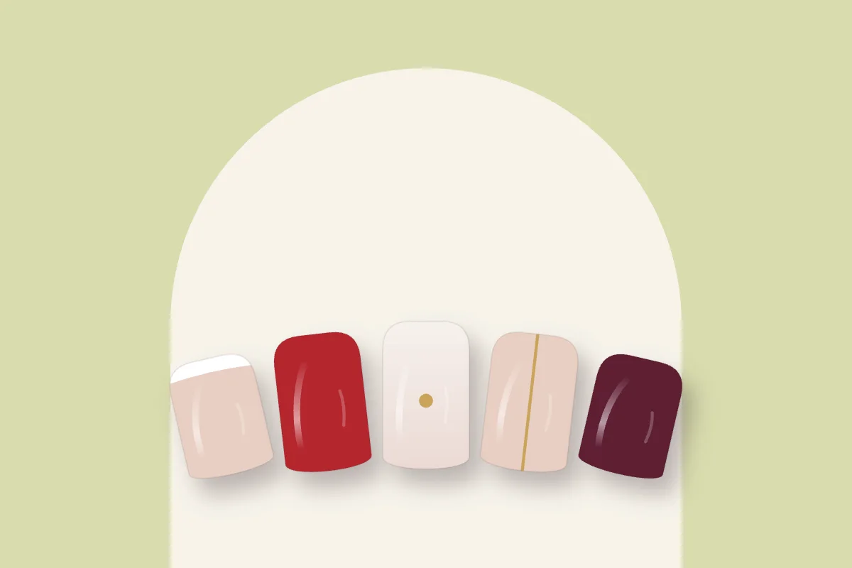 Cinq ongles courts squoval : micro french, rouge, blanc laiteux à point doré, nude à ligne dorée et cerise noire