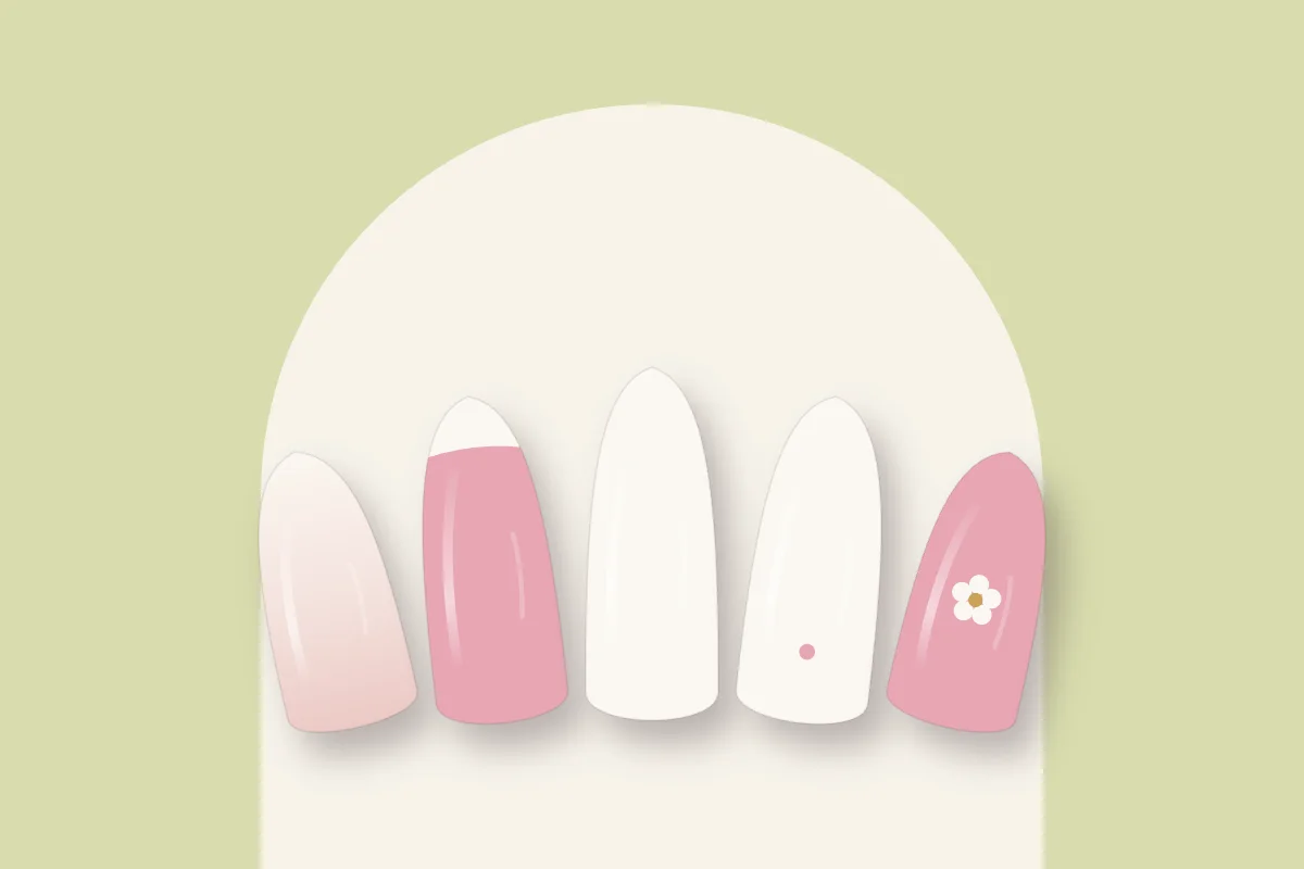 Cinq capsules rose et blanc : babyboomer, french rosée, blanc laiteux, blanc à point rose et rose à fleur blanche, sur fond pistache