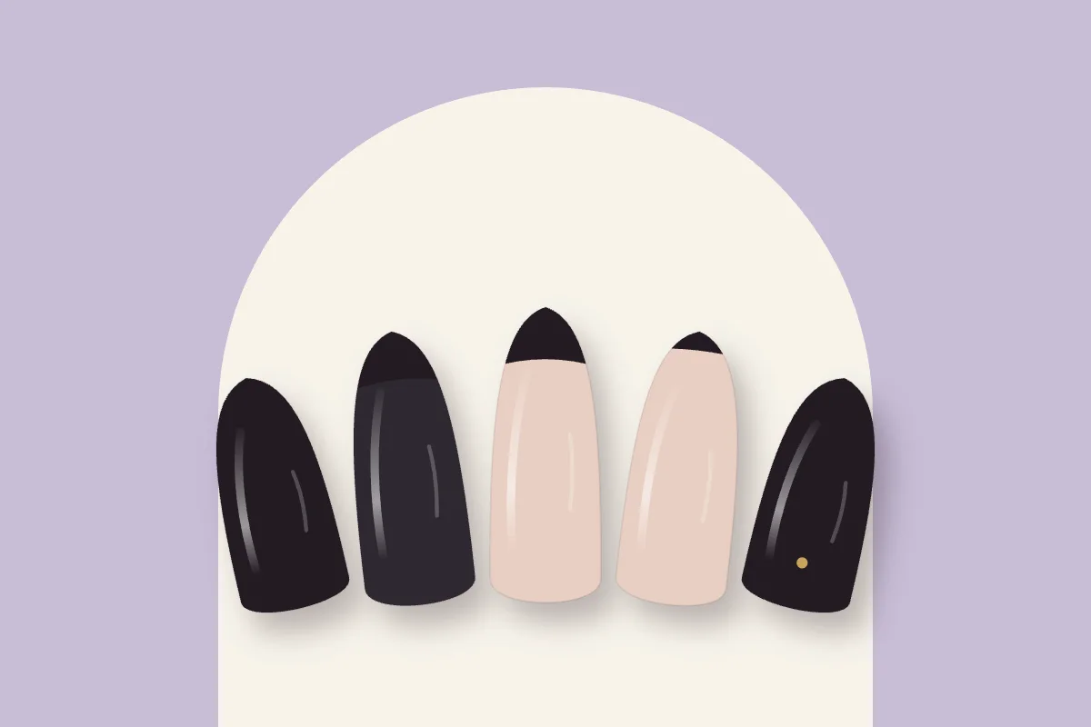 Cinq capsules noires : noir laqué, noir à pointe brillante, french noire, micro-french noire et noir à point doré, sur fond lilas