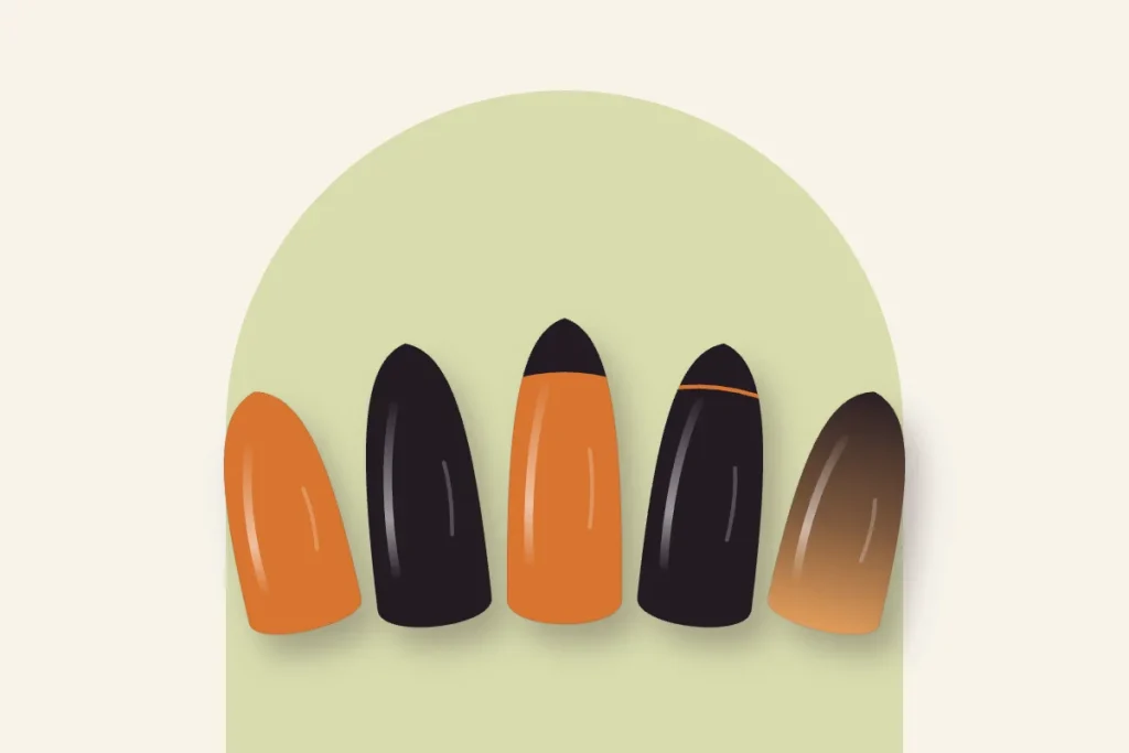 Capsules orange et noir : unis, french noire sur orange, liseré orange et dégradé