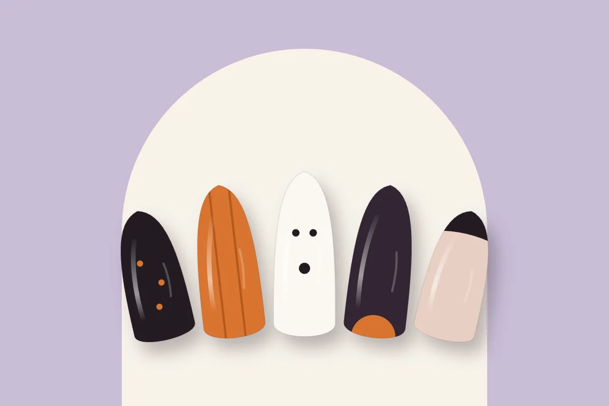 Cinq capsules d’Halloween : noir à points orange, citrouille, fantôme, prune à demi-lune orange et french noire, sur fond lilas