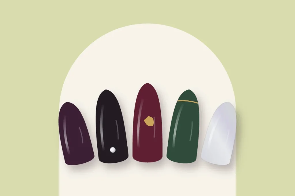 Capsules de soirée d’hiver : aubergine, noir à strass, cerise à feuille d’or, sapin à liseré doré et chrome argent