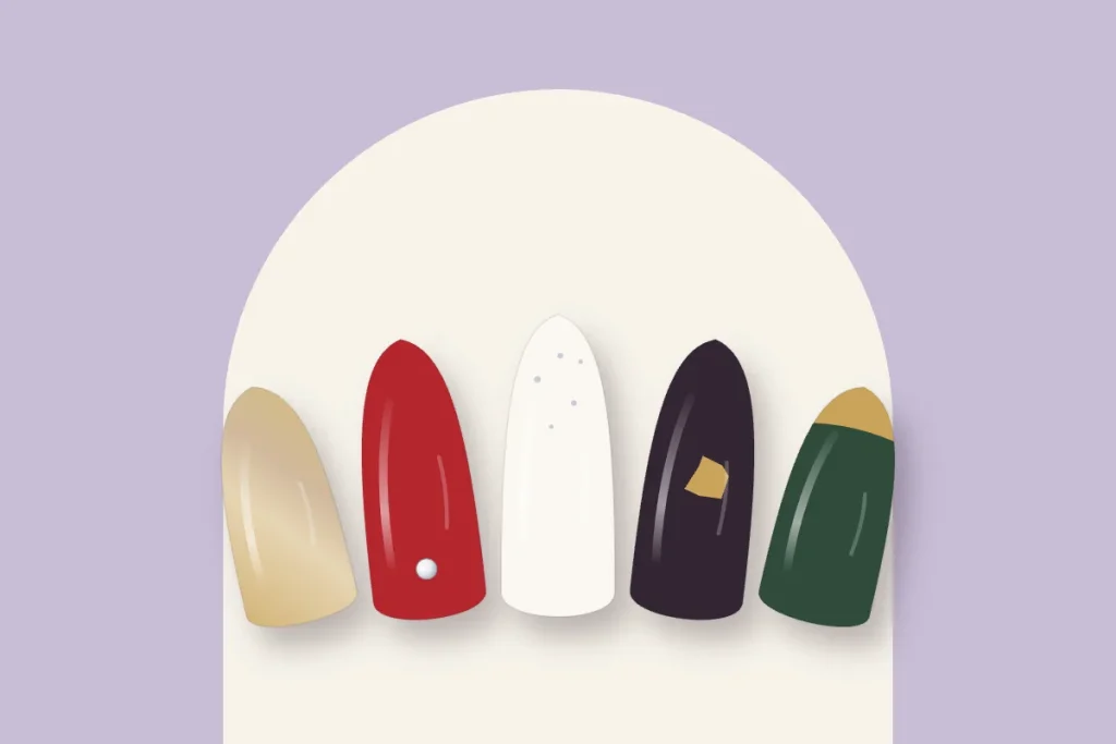 Capsules de Noël festives : chrome doré, rouge à strass, blanc givré, prune à feuille d’or et french dorée sur sapin