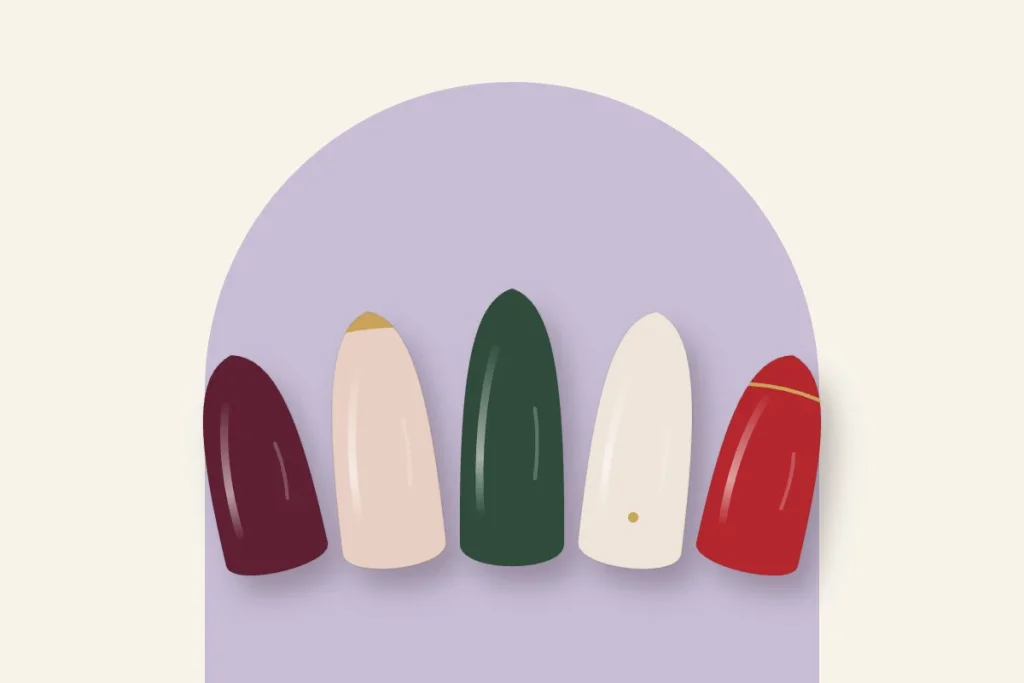Capsules de Noël sobres : cerise noire, micro-french dorée, vert sapin, lacté à point d’or et rouge à liseré doré