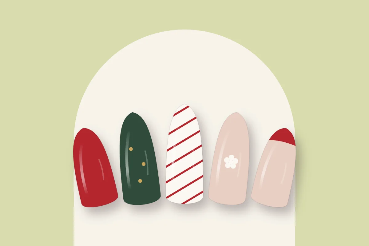 Cinq capsules de Noël : rouge, vert sapin à boules dorées, sucre d’orge, flocon blanc sur nude et french rouge, sur fond pistache